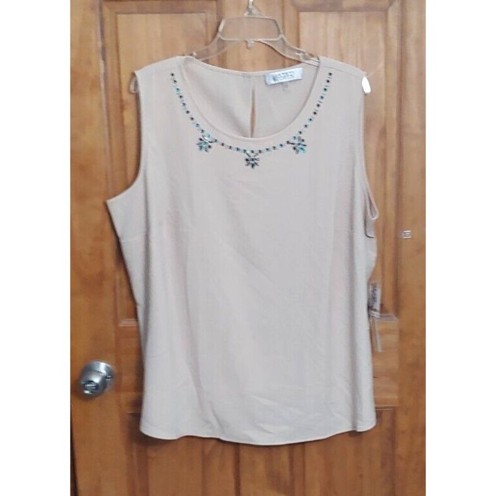 Kasper Womens Top 2X Layering Career Separates Beige Beaded Sleevless Keyhole
